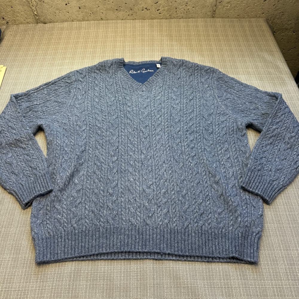 Robert Graham Cable Knit Sweater Mens 3XL Fisherman Wool Blend V Neck Guernsey